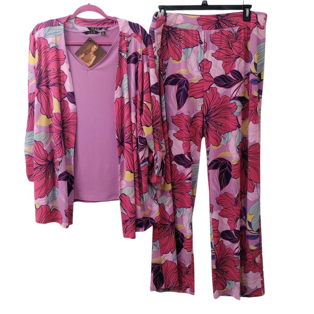 Iman 3-pc Cardigan, Tank top, Pants, Size 2X, Pink/Purple/Blue/Yellow/Lavender